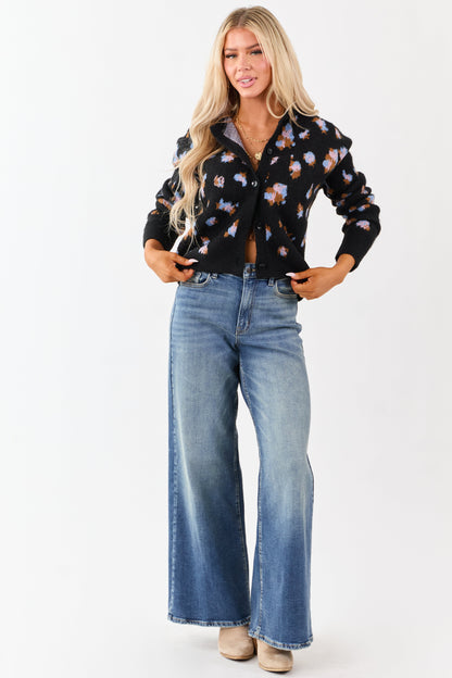 Black Floral Button Up Wool Blend Knit Cardigan