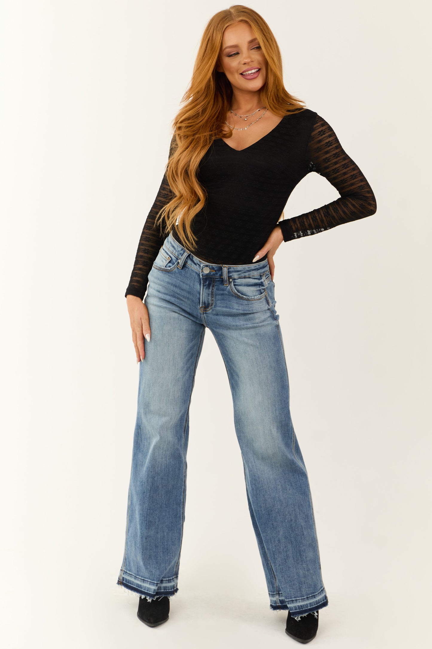 Black Floral Deep V Neck Lace Long Sleeve Bodysuit