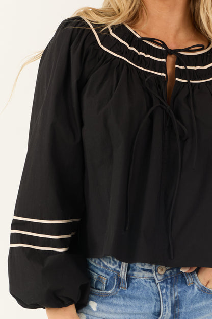 Black Front Double Tie Puff Long Sleeve Top