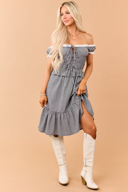 Black Gingham Eyelet Lace Trim Short Dress