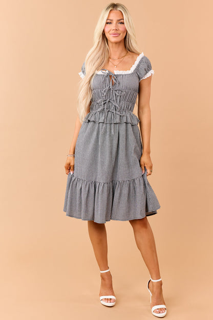Black Gingham Eyelet Lace Trim Short Dress