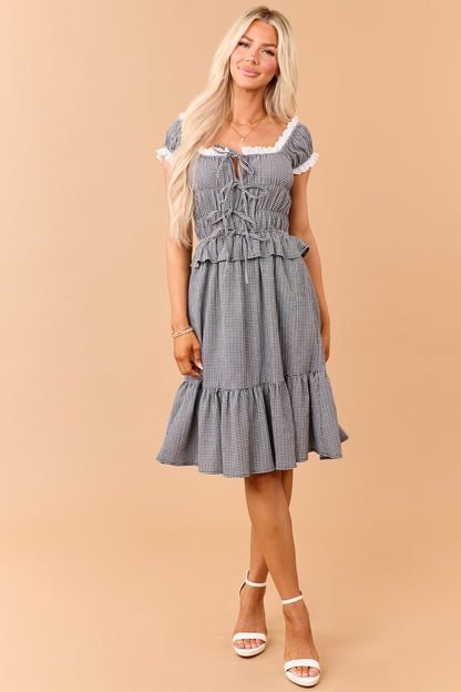 Black Gingham Eyelet Lace Trim Short Dress
