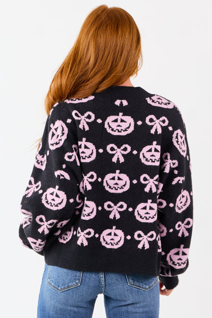 Black Halloween Pattern Tie Front Sweater Cardigan