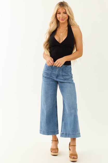 Black Halter Surplice Neck Linen Blend Top