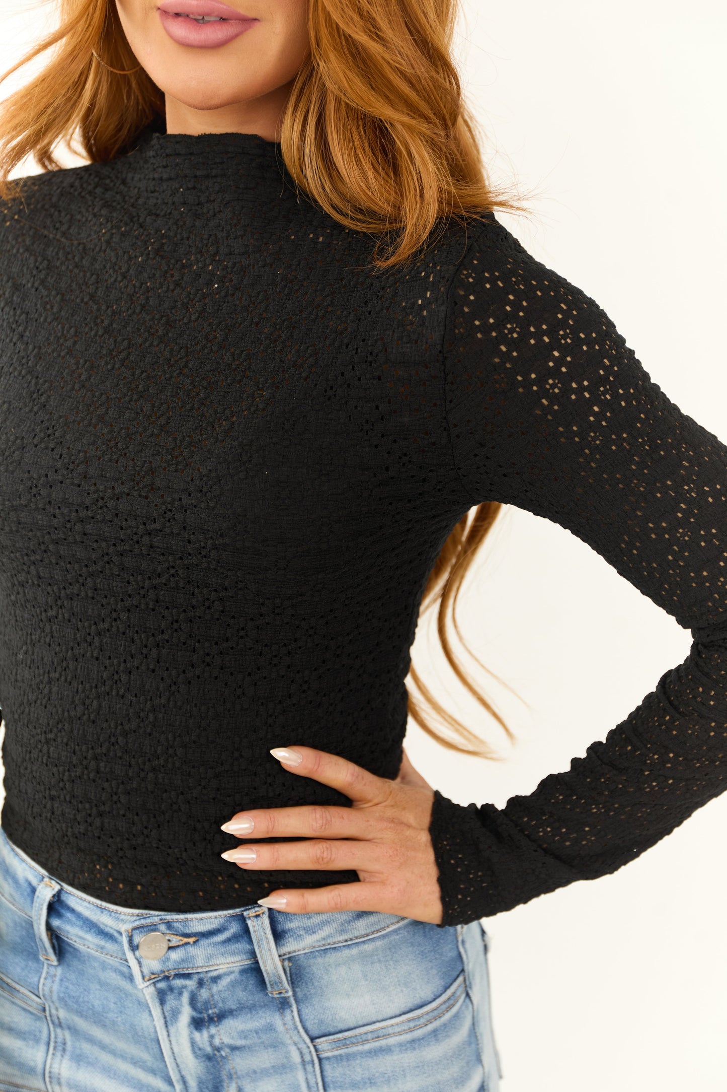 Black High Neck Long Sleeve Lace Top
