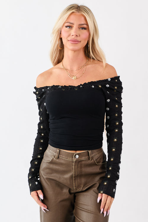 Black Knit Floral Long Sleeve Cropped Top