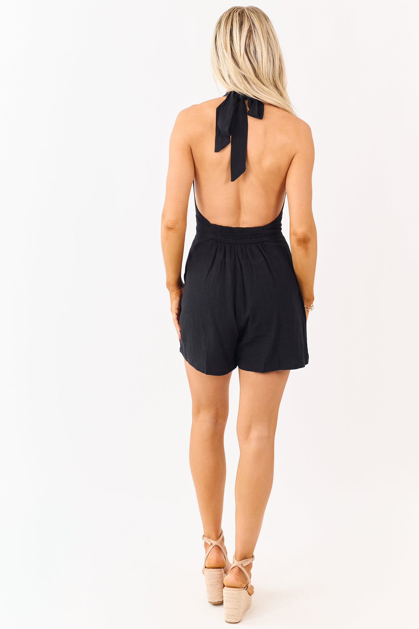 Black Linen Blend Halter Tie Button Down Romper
