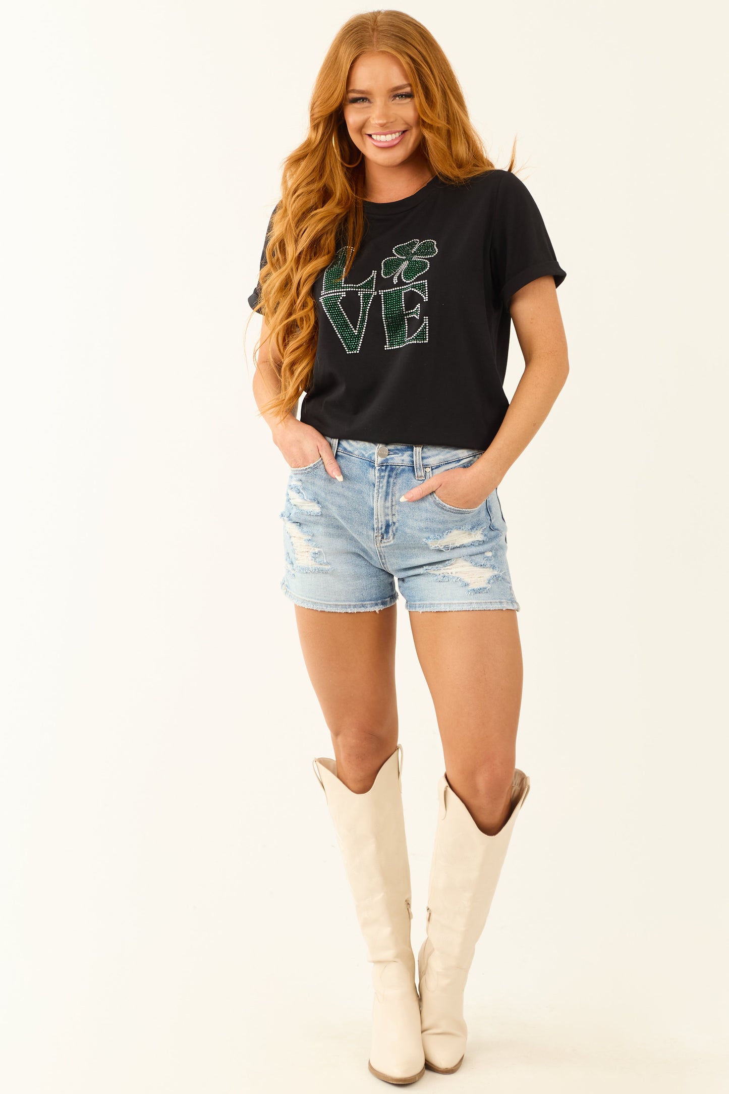Black 'Love' St Patricks Rhinestone Clover Letter Tee