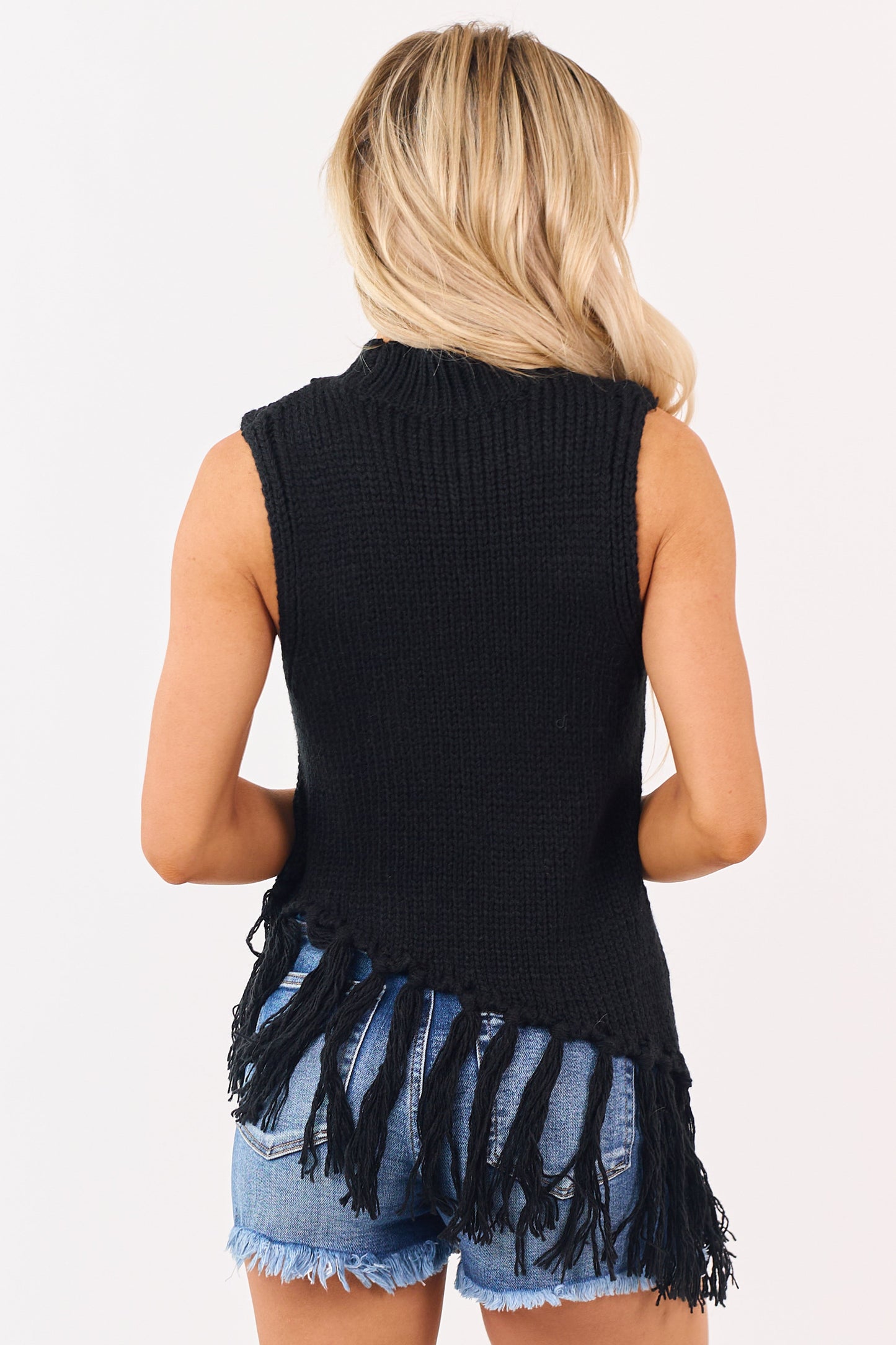 Black Mock Neck Asymmetrical Tassel Hem Tank Top