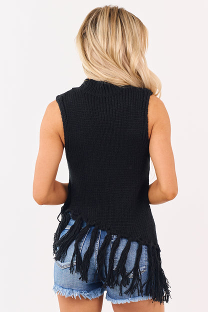 Black Mock Neck Asymmetrical Tassel Hem Tank Top