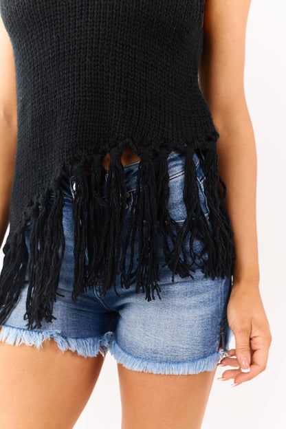 Black Mock Neck Asymmetrical Tassel Hem Tank Top