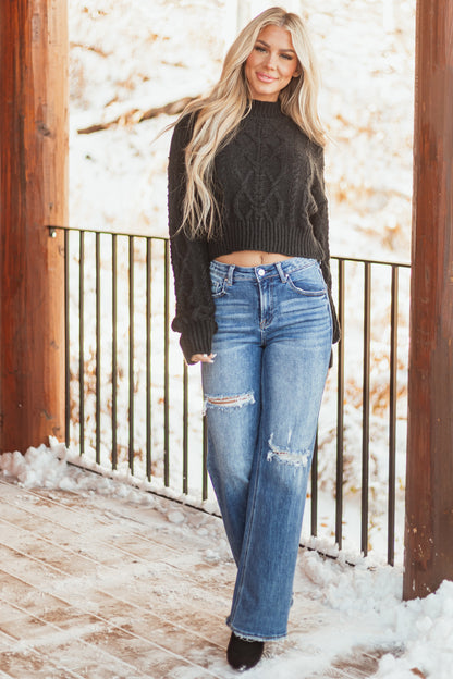 Black Mock Neck Cable Knit Sweater