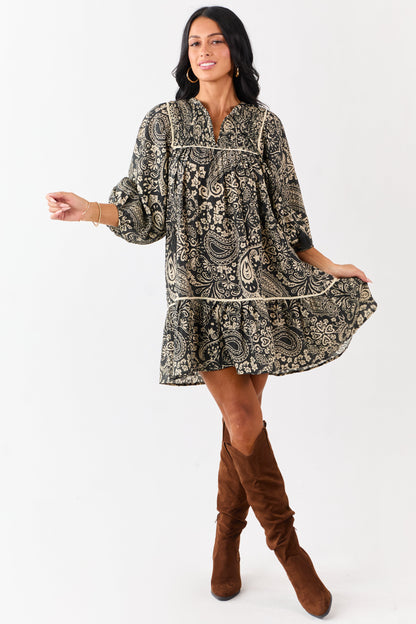 Black Paisley Print Puff Sleeve Smocked Mini Dress