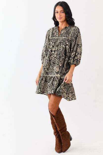 Black Paisley Print Puff Sleeve Smocked Mini Dress