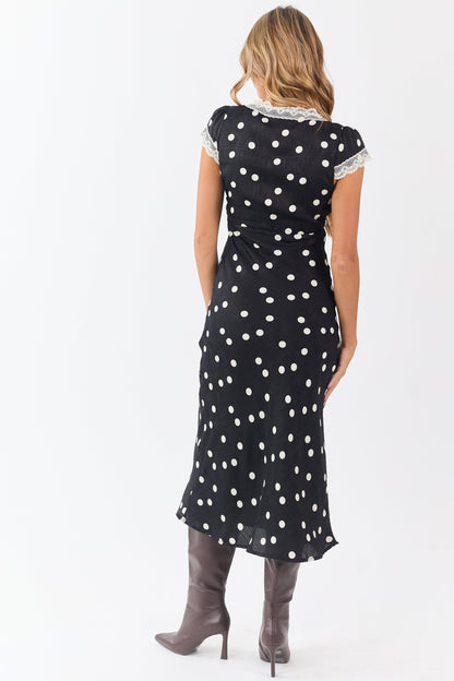 Black Polka Dot Lace Trim V-Neck Maxi Dress