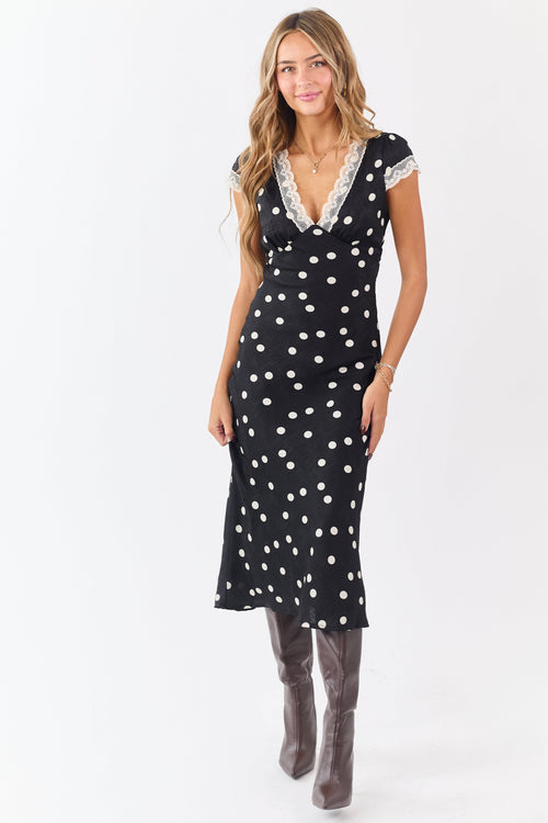 Black Polka Dot Lace Trim V-Neck Maxi Dress