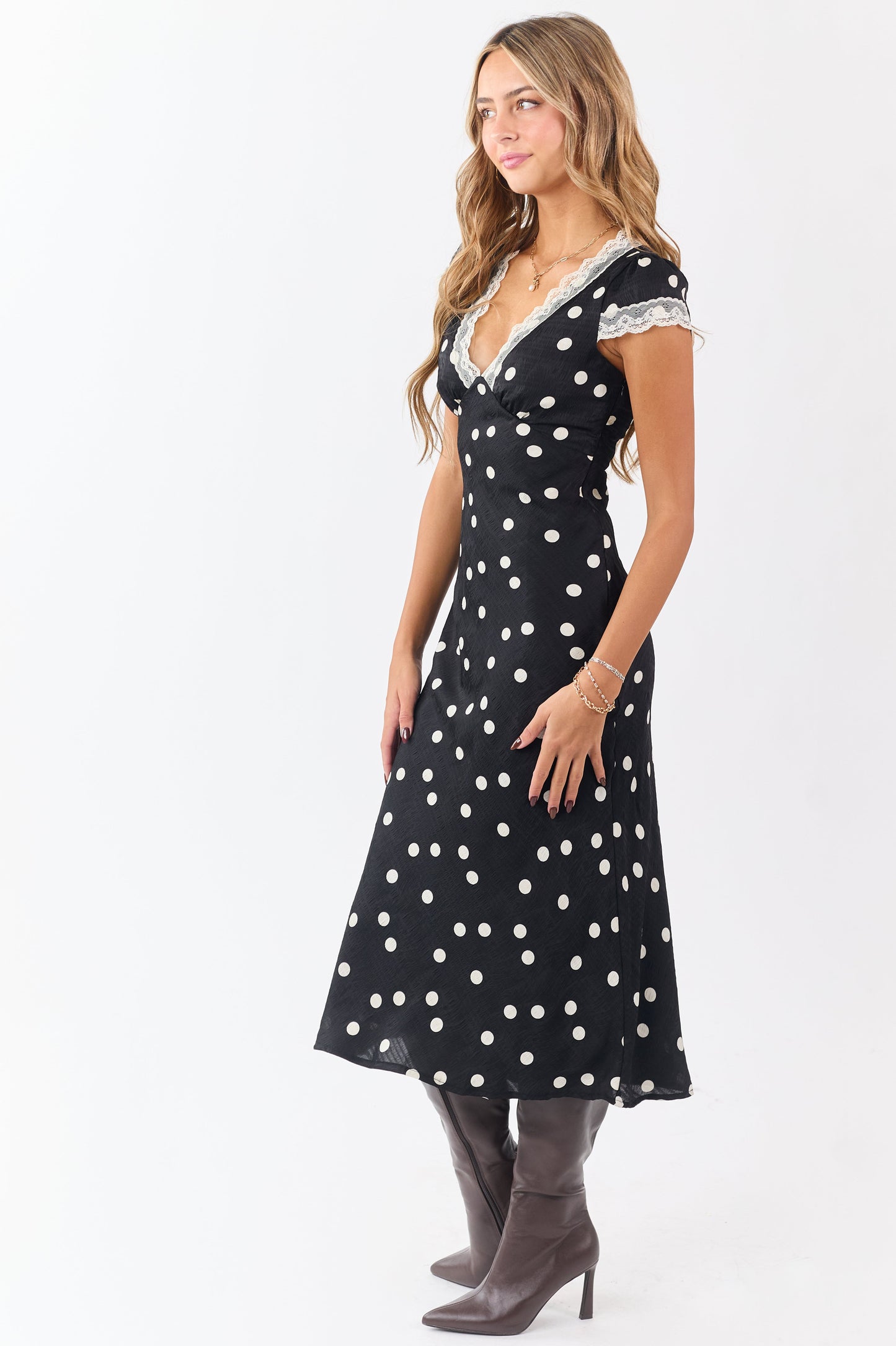 Black Polka Dot Lace Trim V-Neck Maxi Dress