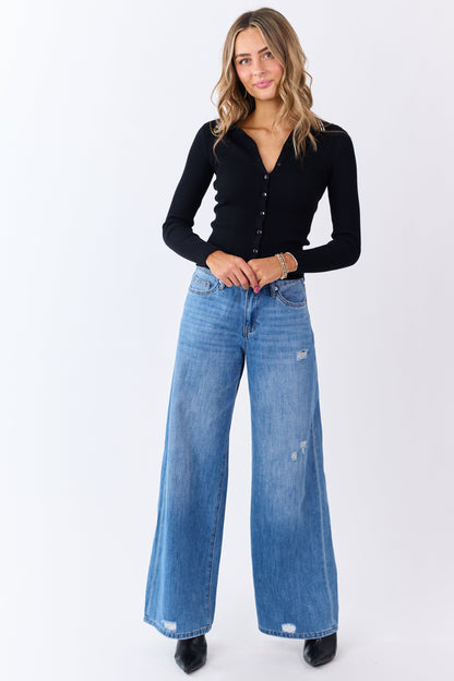 Black Rib Knit Collared Button Down Long Sleeve Top