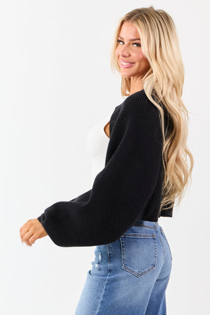Black Rib Knit Dolman Sleeve Bolero Shrug Crop Cardigan