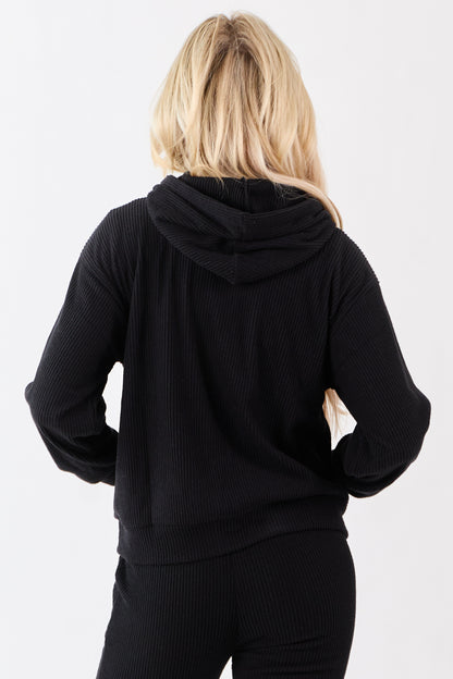 Black Rib Knit Drawstring Hooded Sweatshirt