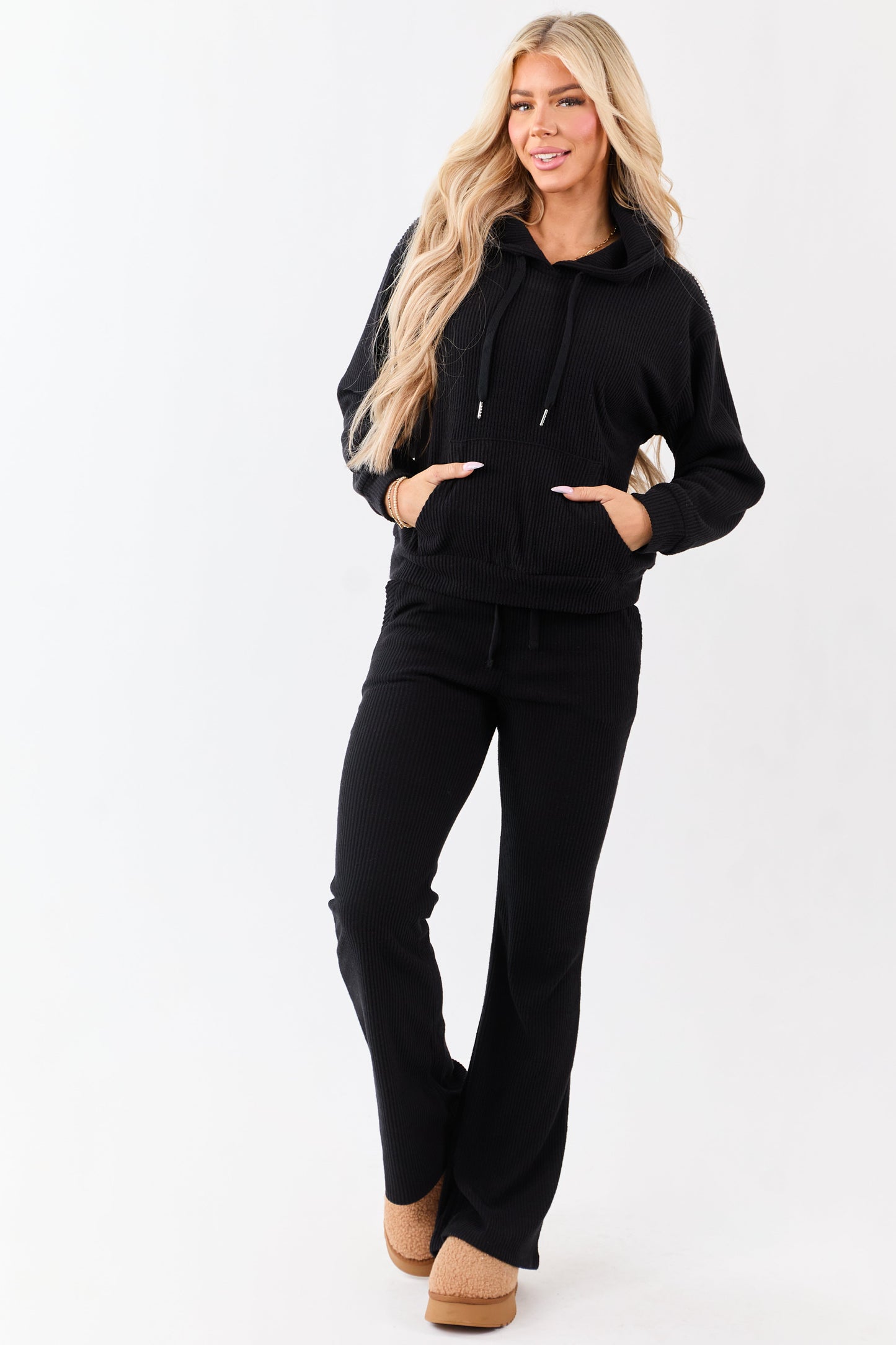 Black Rib Knit Drawstring Hooded Sweatshirt