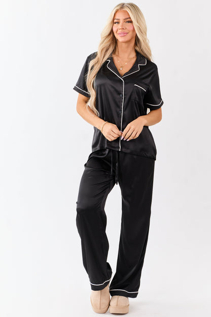 Black Satin Button Down Short Sleeve Pajama Top