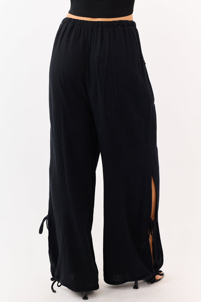 Black Side Tie Cotton Gauze Wide Leg Pants