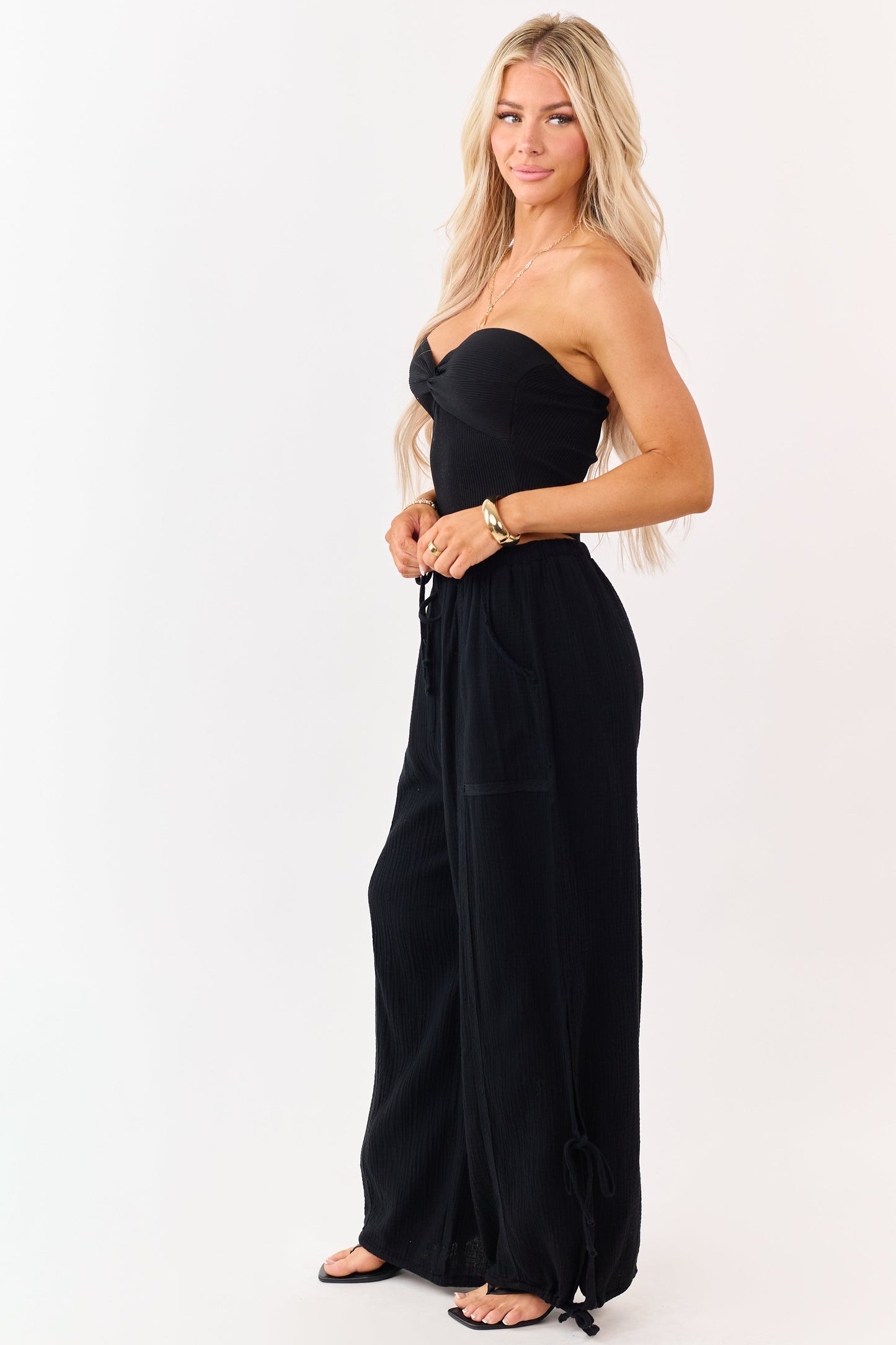 Black Side Tie Cotton Gauze Wide Leg Pants