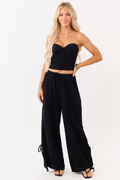 Black Side Tie Cotton Gauze Wide Leg Pants