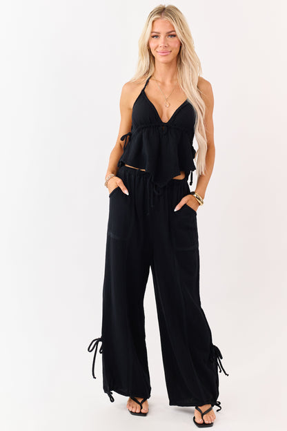 Black Side Tie Cotton Gauze Wide Leg Pants