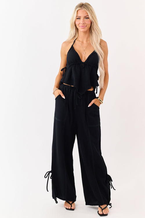 Black Side Tie Cotton Gauze Wide Leg Pants