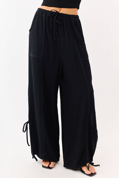 Black Side Tie Cotton Gauze Wide Leg Pants