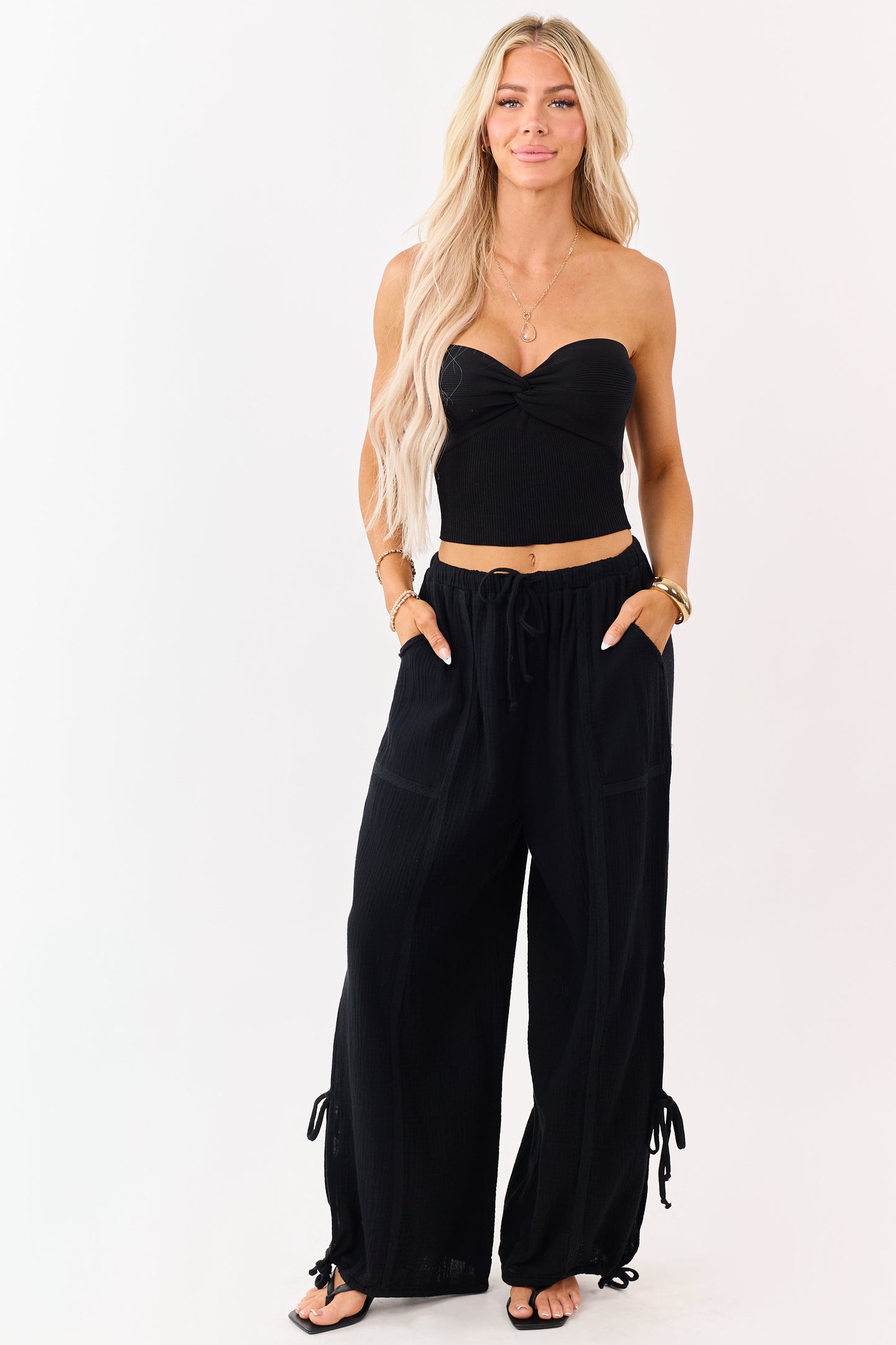 Black Side Tie Cotton Gauze Wide Leg Pants