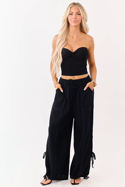 Black Side Tie Cotton Gauze Wide Leg Pants