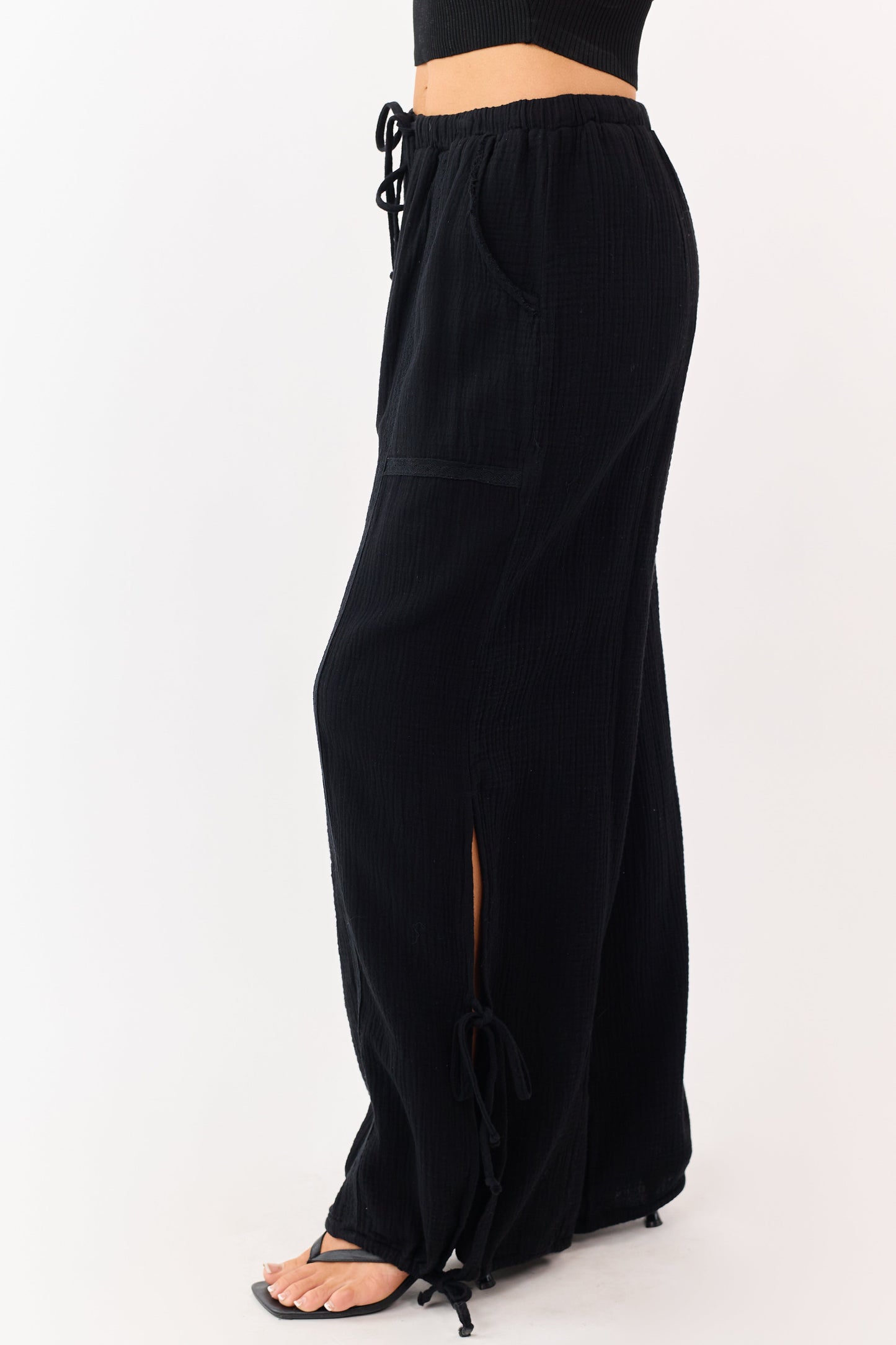 Black Side Tie Cotton Gauze Wide Leg Pants