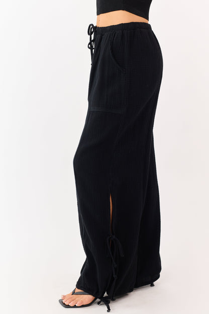 Black Side Tie Cotton Gauze Wide Leg Pants