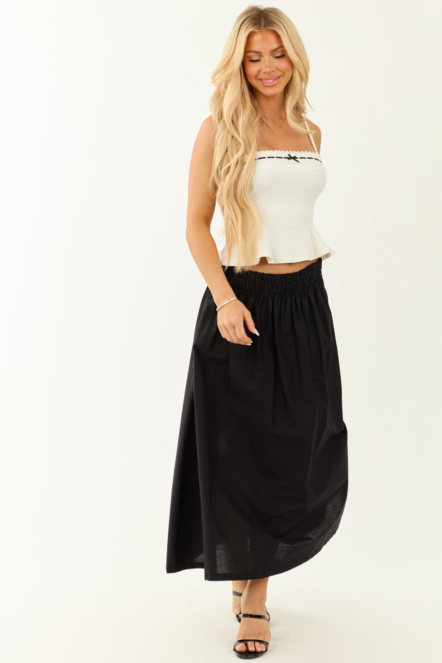 Black Smocked Waist Cotton Midi Skirt