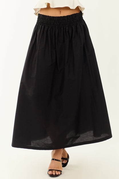 Black Smocked Waist Cotton Midi Skirt
