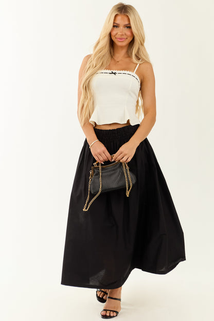 Black Smocked Waist Cotton Midi Skirt