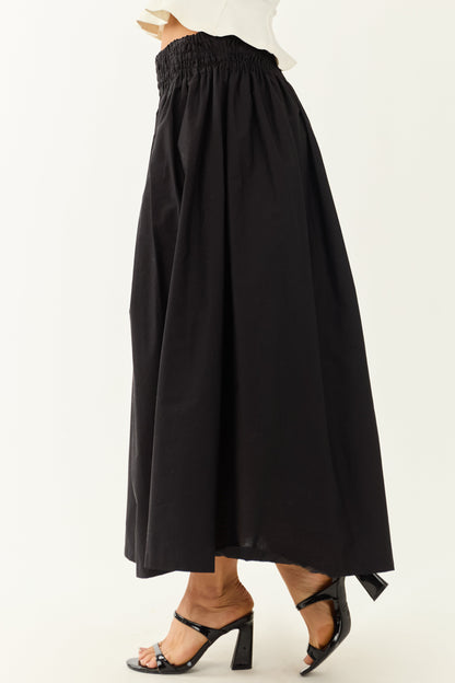 Black Smocked Waist Cotton Midi Skirt