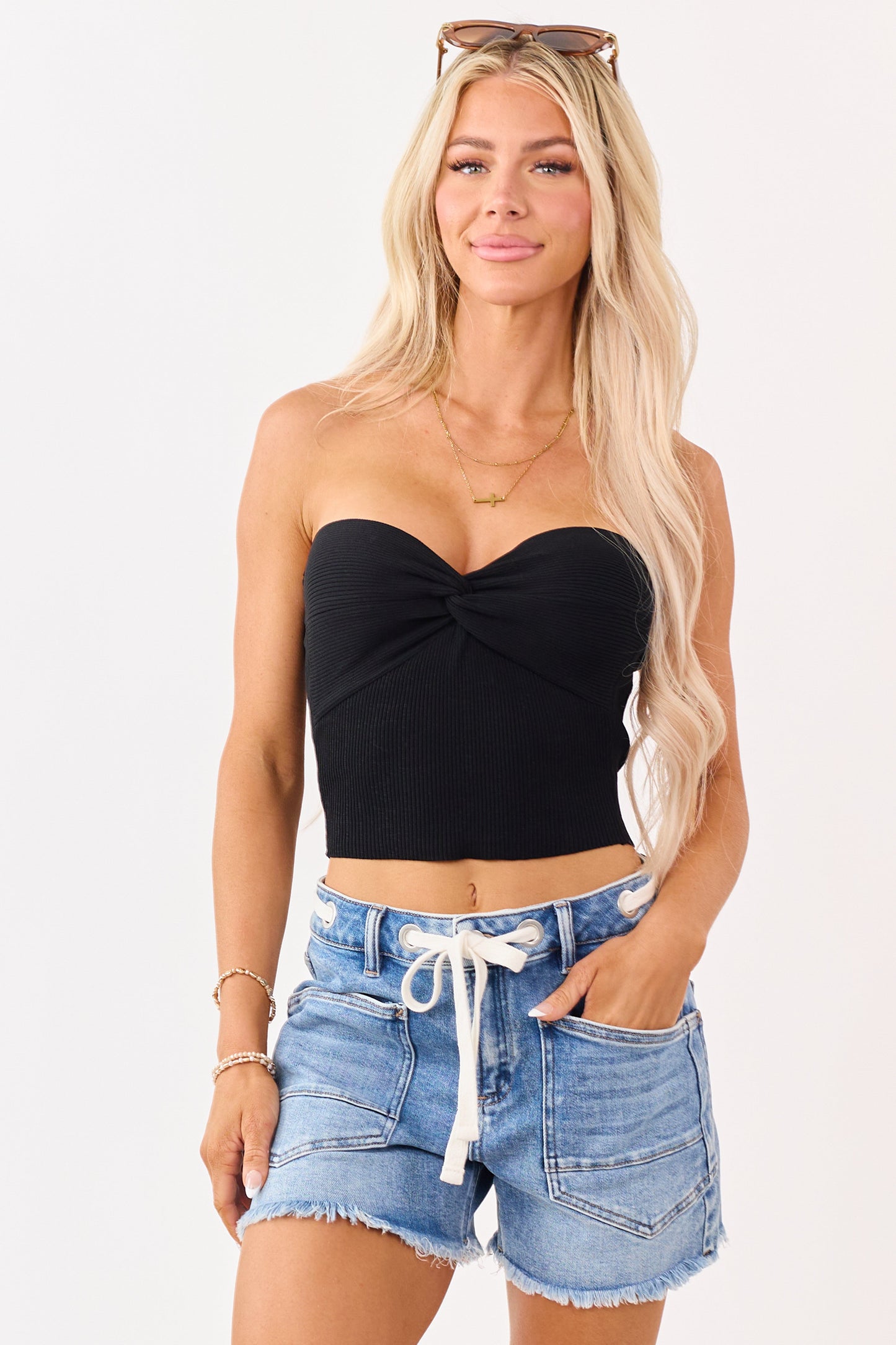 Black Strapless Rib Knit Twist Bust Crop Top