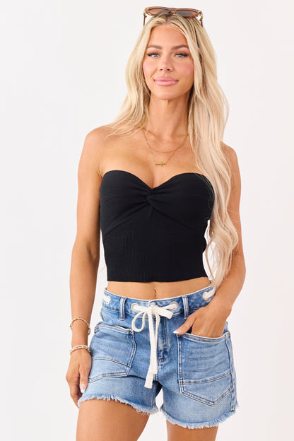 Black Strapless Rib Knit Twist Bust Crop Top