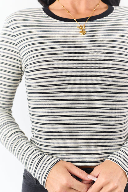 Black Striped Long Sleeve Ribbed Knit Crop Top