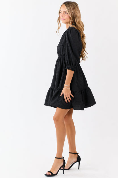 Black Surplice Neck 3/4 Bubble Sleeve Mini Dress