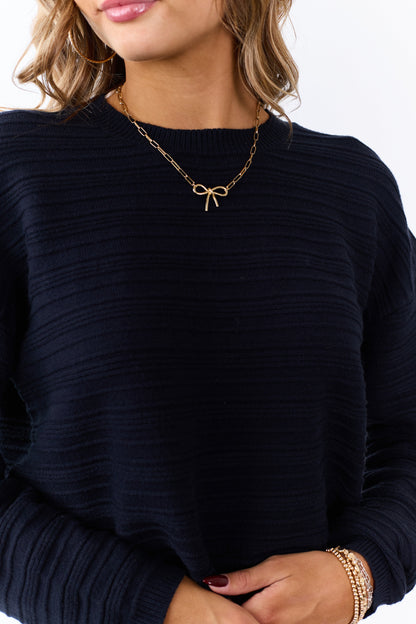 Black Textured Knit Crew Neck Cropped Sweater