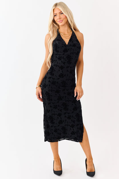 Black Velvet Burnout Halter Cowl Neck Midi Dress