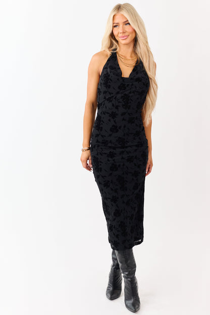 Black Velvet Burnout Halter Cowl Neck Midi Dress