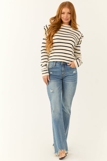 Black and Cream Striped Mock Neck Sweater