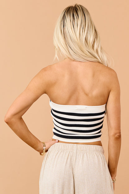 Black and Cream Striped Rib Knit Strapless Top