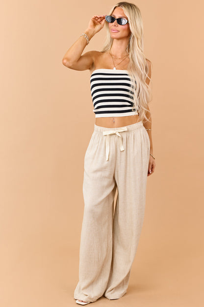 Black and Cream Striped Rib Knit Strapless Top